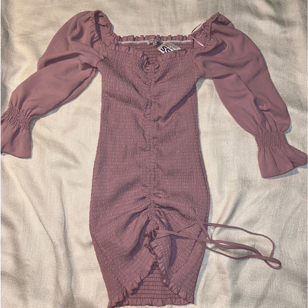 MAUVE Long Sleeve Off the Shoulder Fitted short Dress, adjustable front string